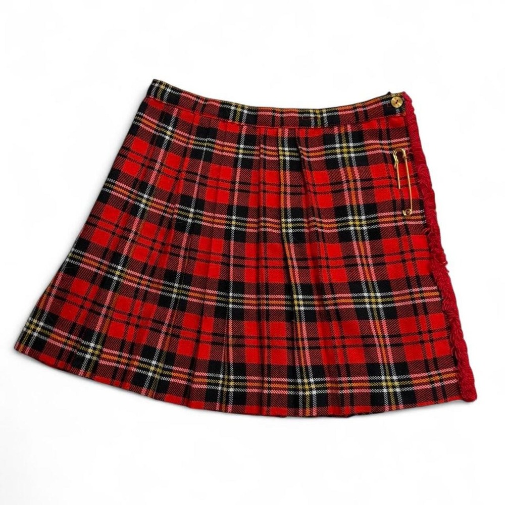 Red Plaid Pleated Kilt Wrap Mini Skirt with Gold Safety Pin Hardware